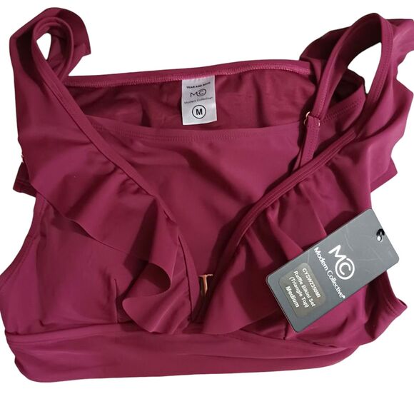 NWT Modern Collective Ruched Ruffle Bikini Set M Wine V-Neck High Waist Swimsuit - Picture 6 of 8